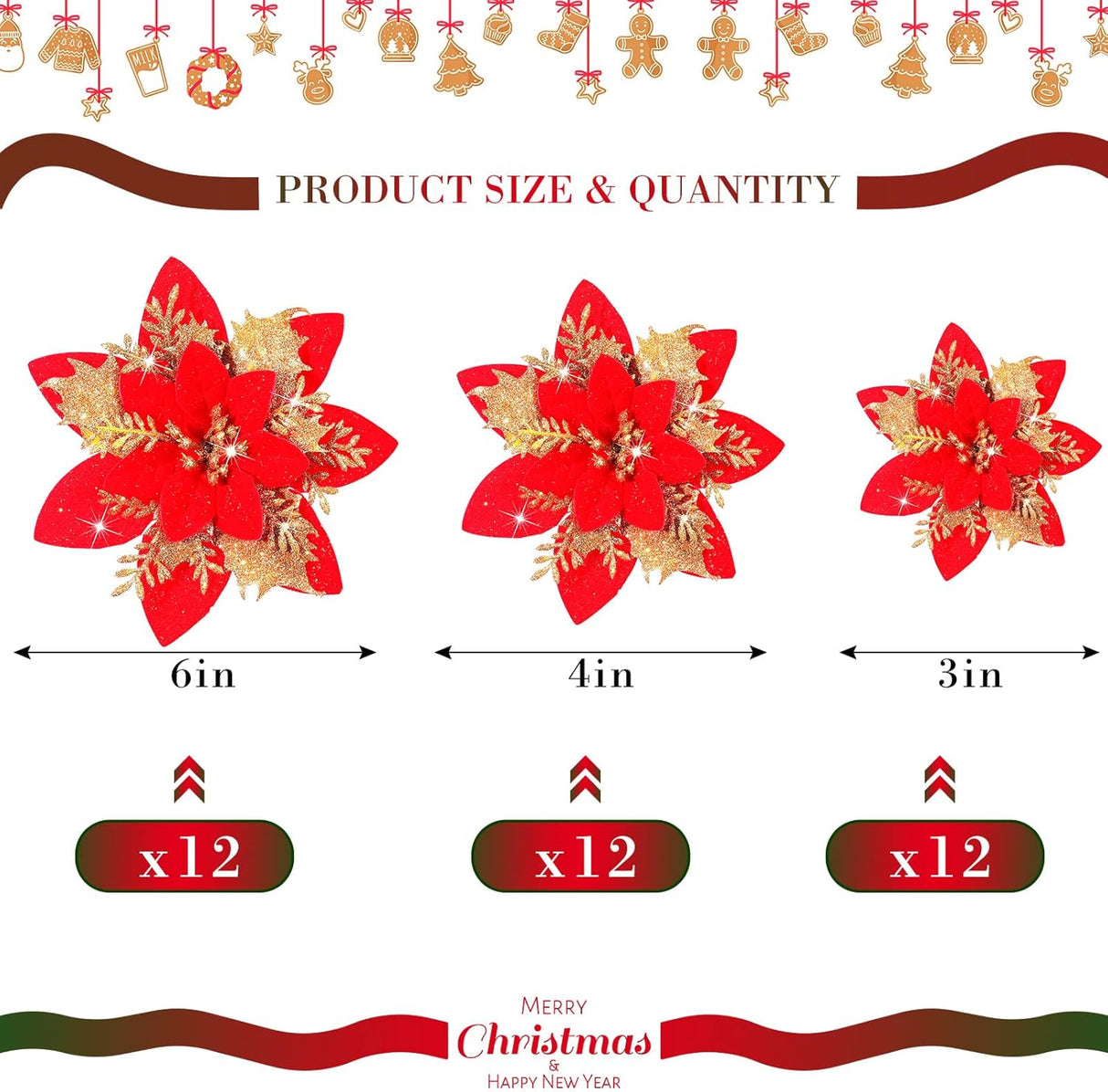 Flores Artificiales Poinsettia - 36 Piezas, Clips, 6-4-3 Pulgadas