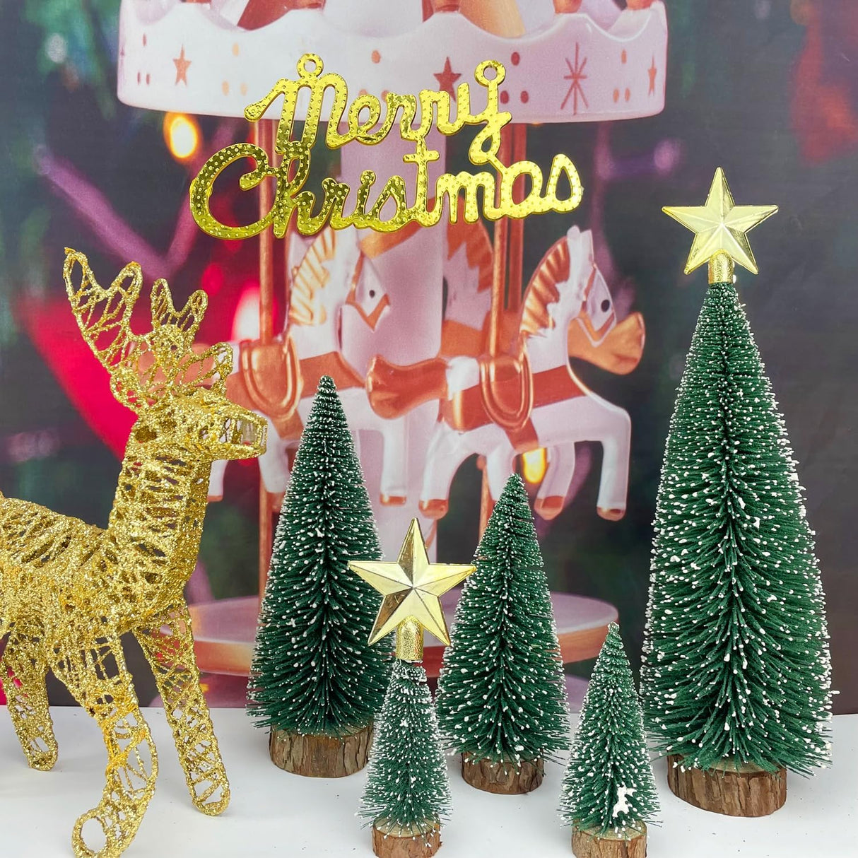 5 PCS Árboles de Navidad de Cepillo con Base de Madera