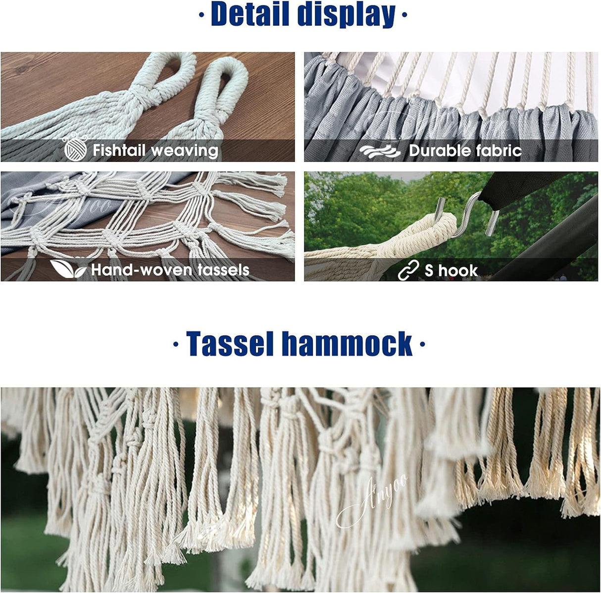 Hamaca Anyoo de Algodón con Borlas, Soporta 450lbs, Deluxe