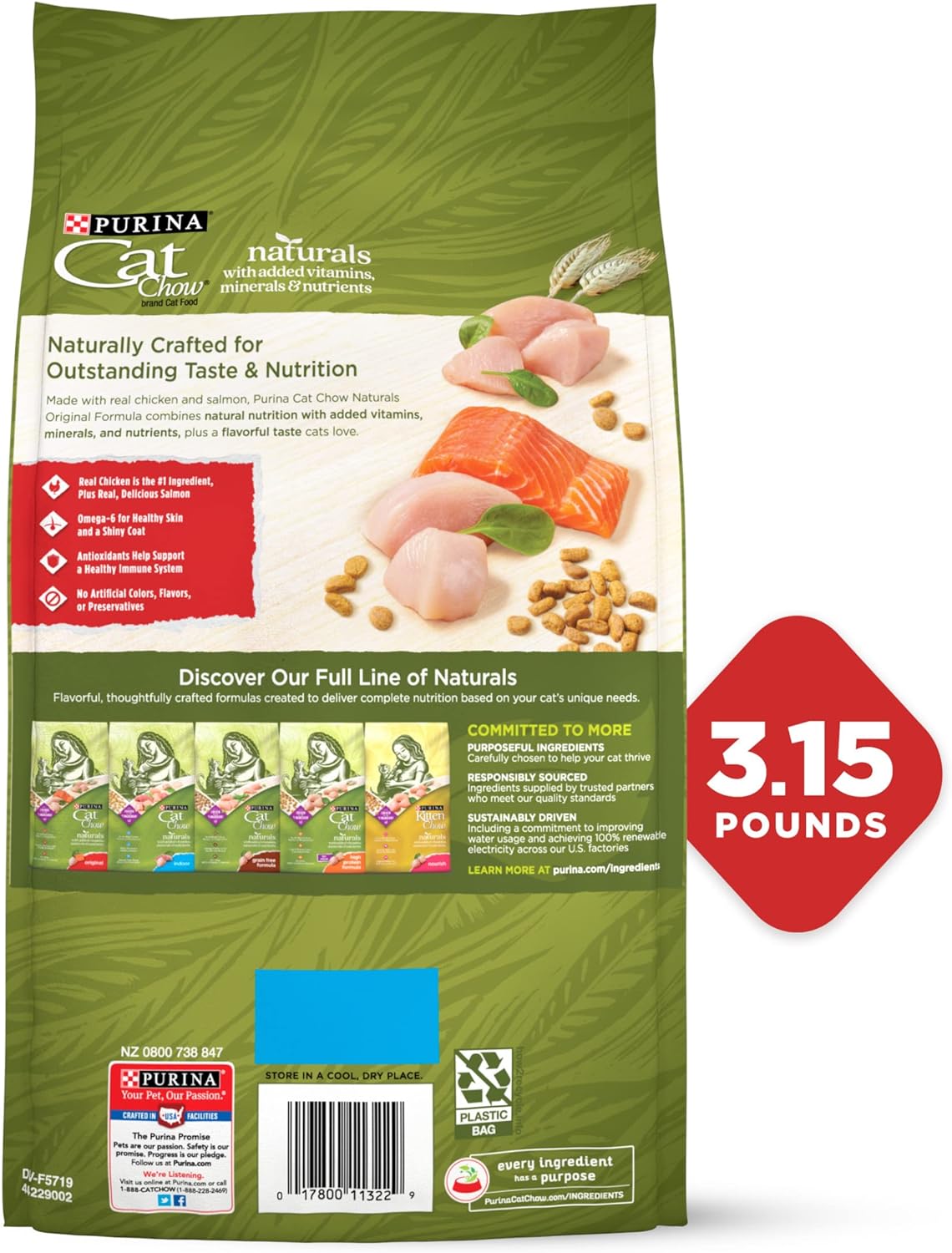 Purina Cat Chow Naturals - Alimento seco para gatos con vitaminas, minerales y nutrientes añadidos, Naturals Original - Bolsa de 12.6 libras (paquete de 4)