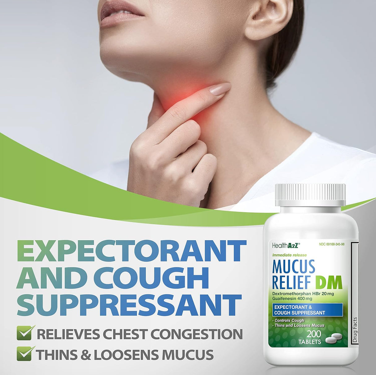 HealthA2Z® Mucus Relief DM Jarabe, 20mg Dextro, 400mg Guaifenesin
