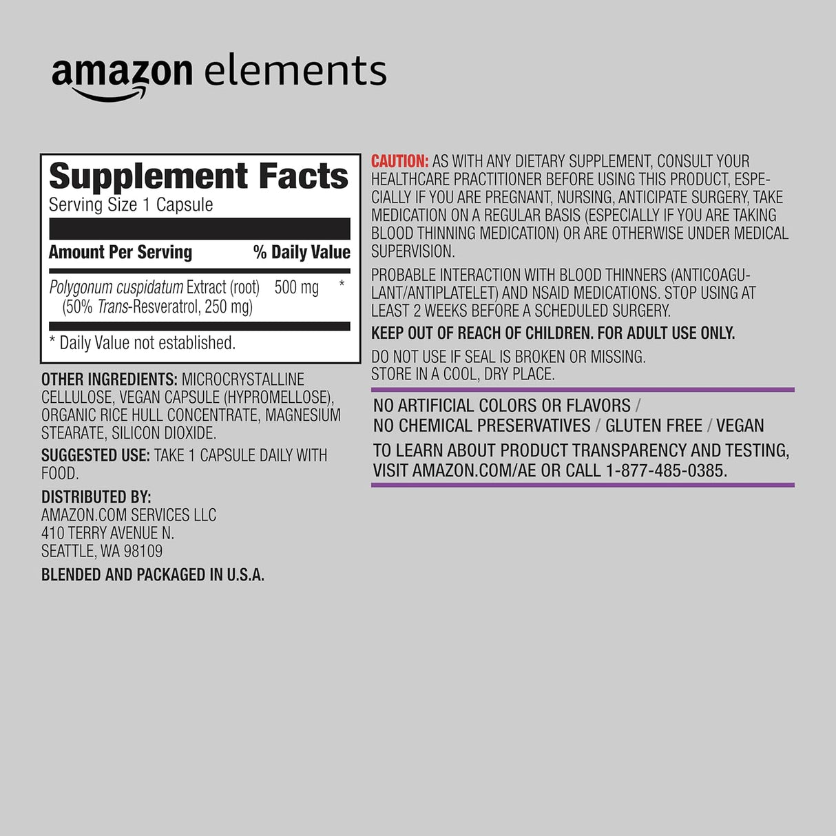 Trans-Resveratrol 250 mg, Amazon Elements, 60 Cápsulas Vegan