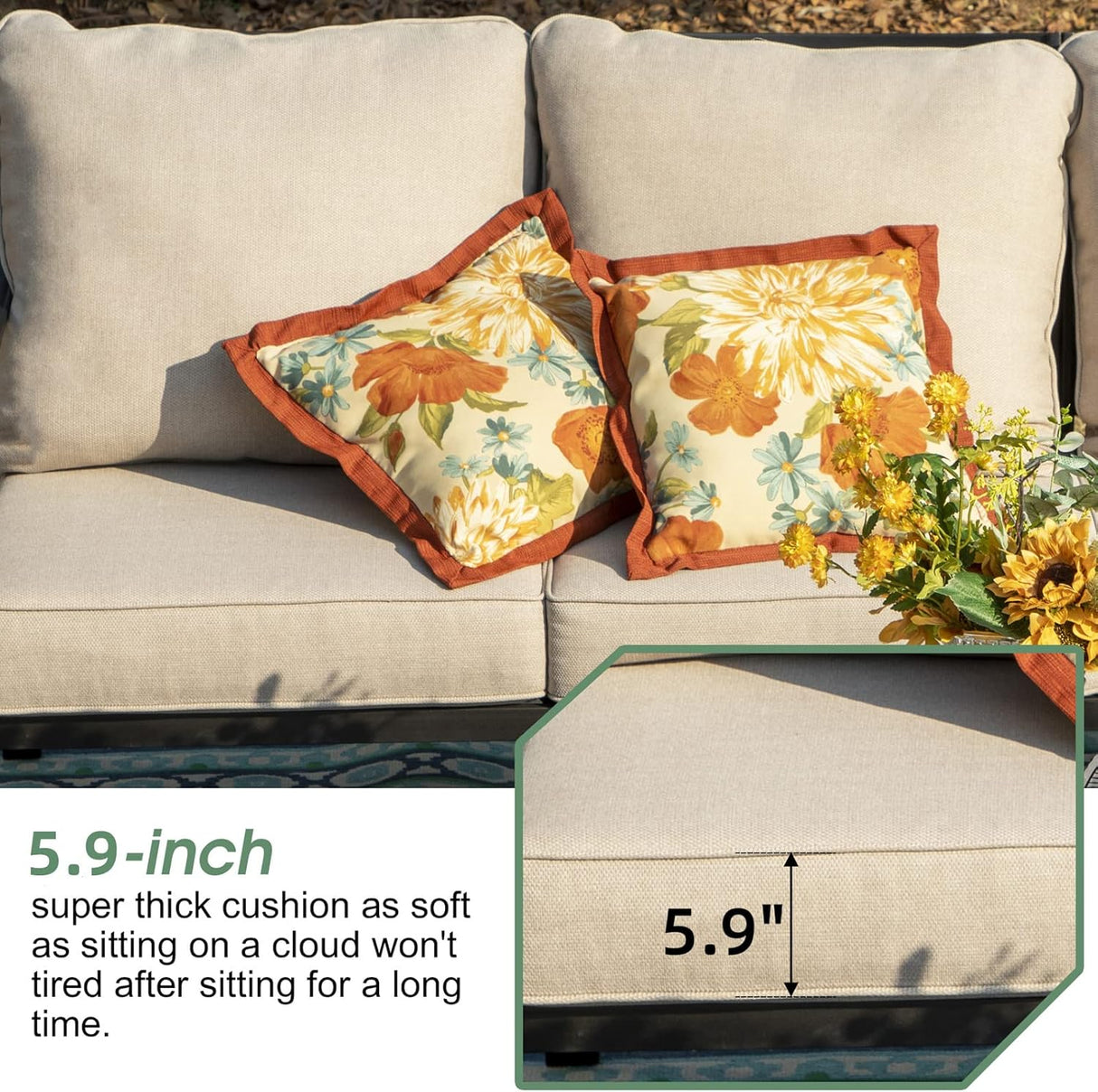 MFSTUDIO Juego de 6 piezas de conversación para patio (7 asientos), sofás de muebles de metal para exteriores con 1 sofá de 3 asientos, 2 sillas mecedoras, 2 otomanas y 1 mesa auxiliar, marco de hierro forjado con cojín beige