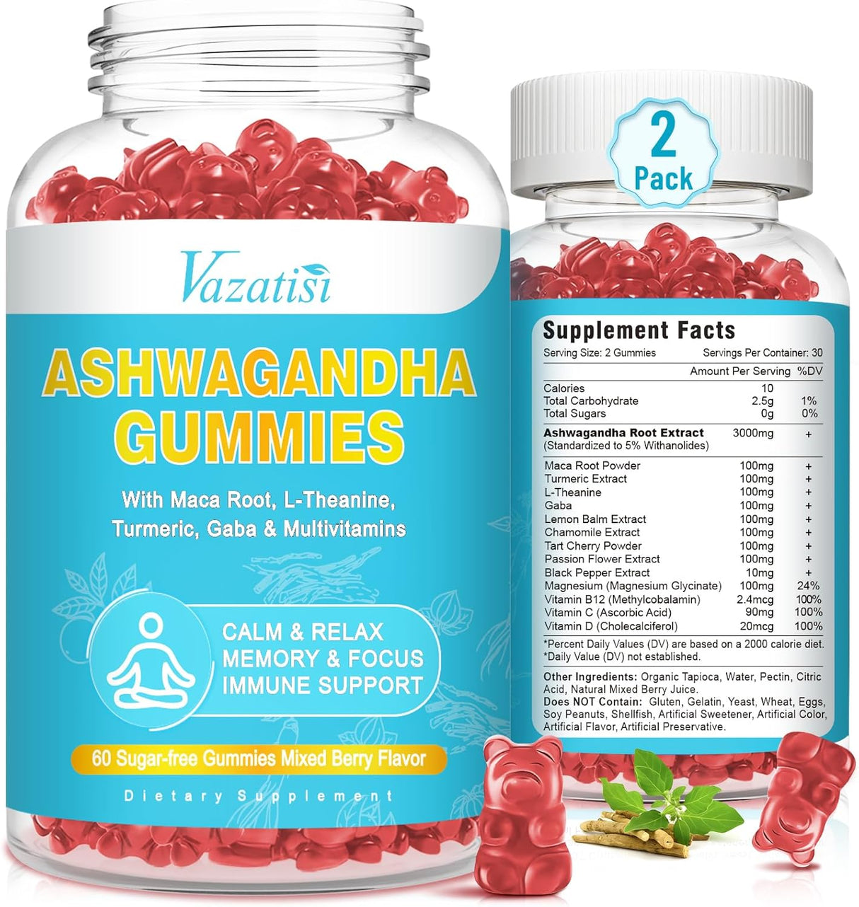 Gomitas de Ashwagandha 3000 mg, apoyo inmune, 120 piezas