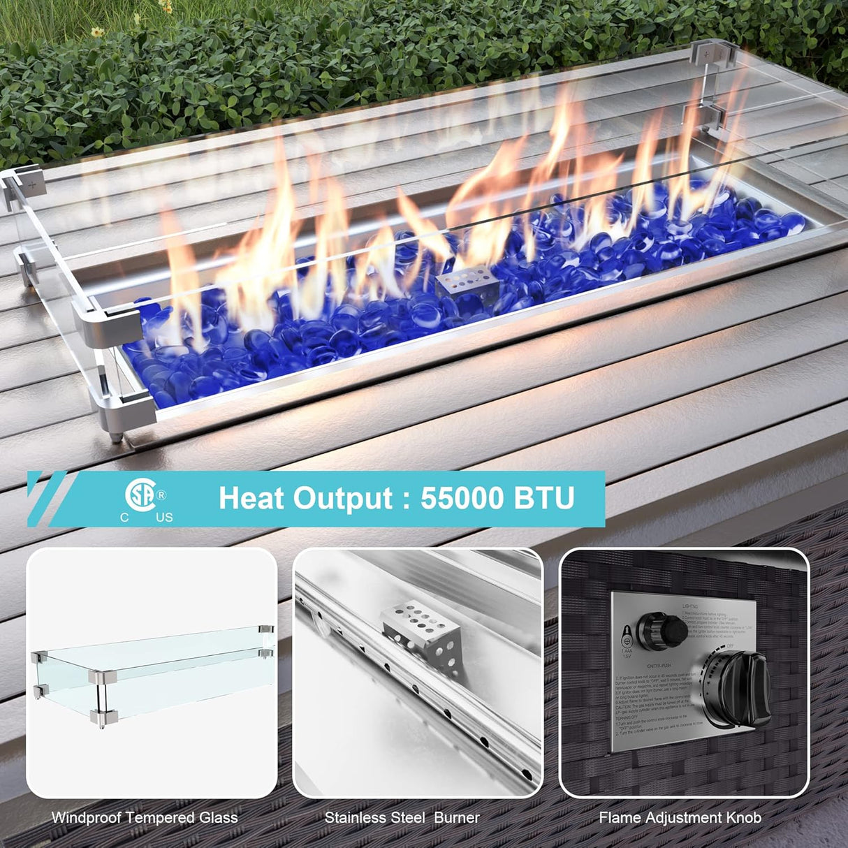 ALAULM Juego de 15 muebles de patio al aire libre con mesa para fogata de propano, juegos de sofás seccionales para exteriores, muebles de patio, fogata de gas de 43 pulgadas, juego de conversación de ratán de polietileno marrón con 12 cojines (azul)