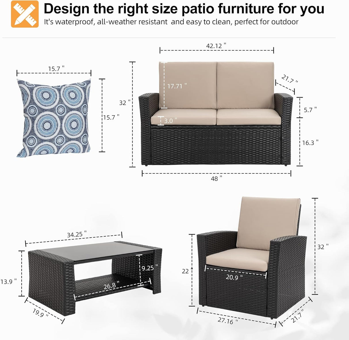 Shintenchi Juego de muebles de patio al aire libre de 4 piezas, sofá seccional de ratán de mimbre con mesa de centro de cristal | Negro