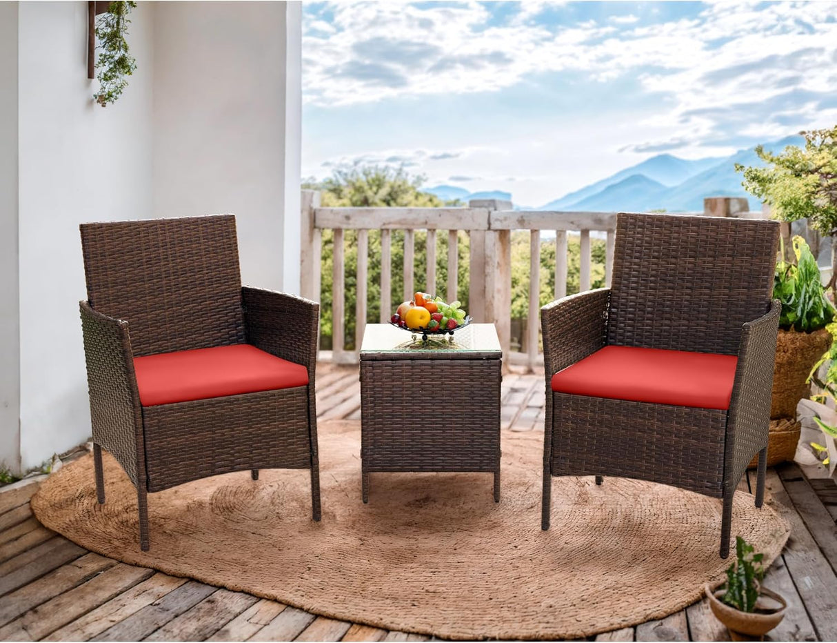 Flamaker Juego de muebles de patio de 3 piezas de ratán para todo tipo de clima, sillas de patio con mesa de vidrio templado para porche, bistró y balcón (marrón/rojo)