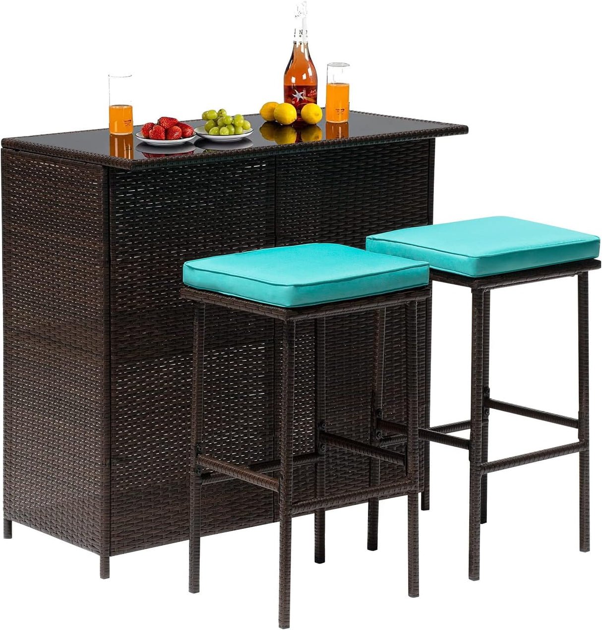 FDW Juego de 3 piezas de muebles de patio y bar, juego de muebles de mimbre con dos taburetes para patio, balcón, cojín azul