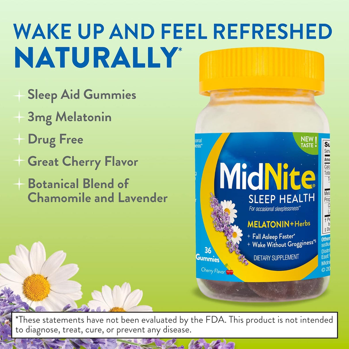 MidNite Gomitas de ayuda para dormir sin medicamentos, 10 mg de melatonina + hierbas, 36 unidades