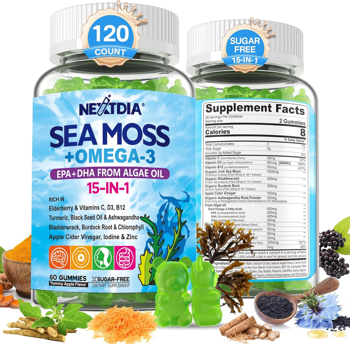 Gominolas de Sea Moss + Omega-3 Vegan USA Orgánico 120 Cts