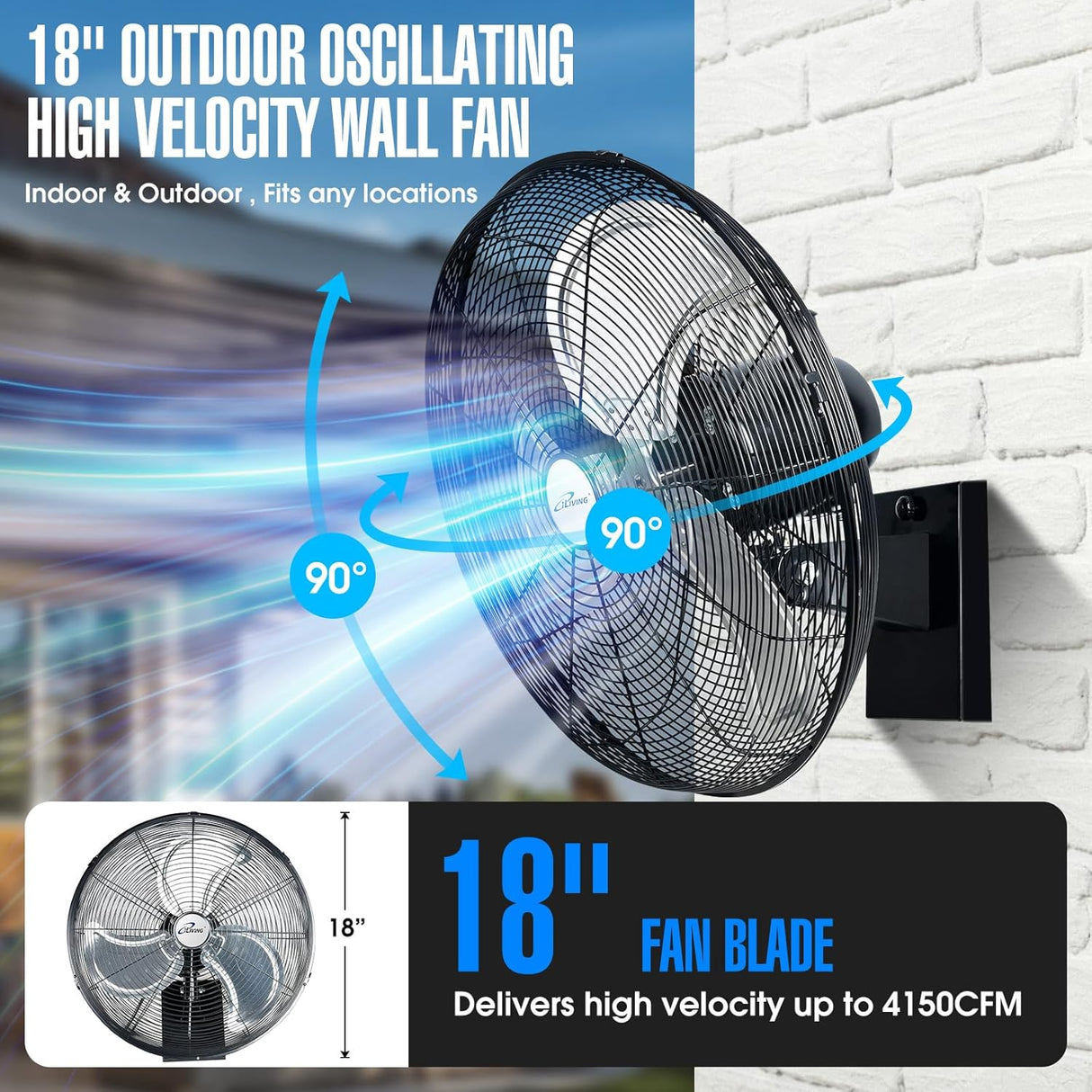 Ventilador Oscilante de Pared 18 iLiving, 4150 CFM, Industrial