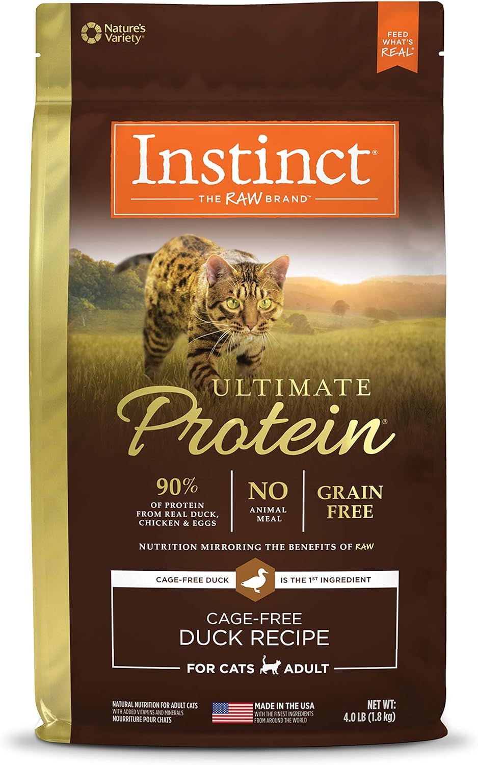 Instinct Ultimate Protein Free Cage Free Duck Recipe Alimento seco natural para gatos, bolsa de 4 libras