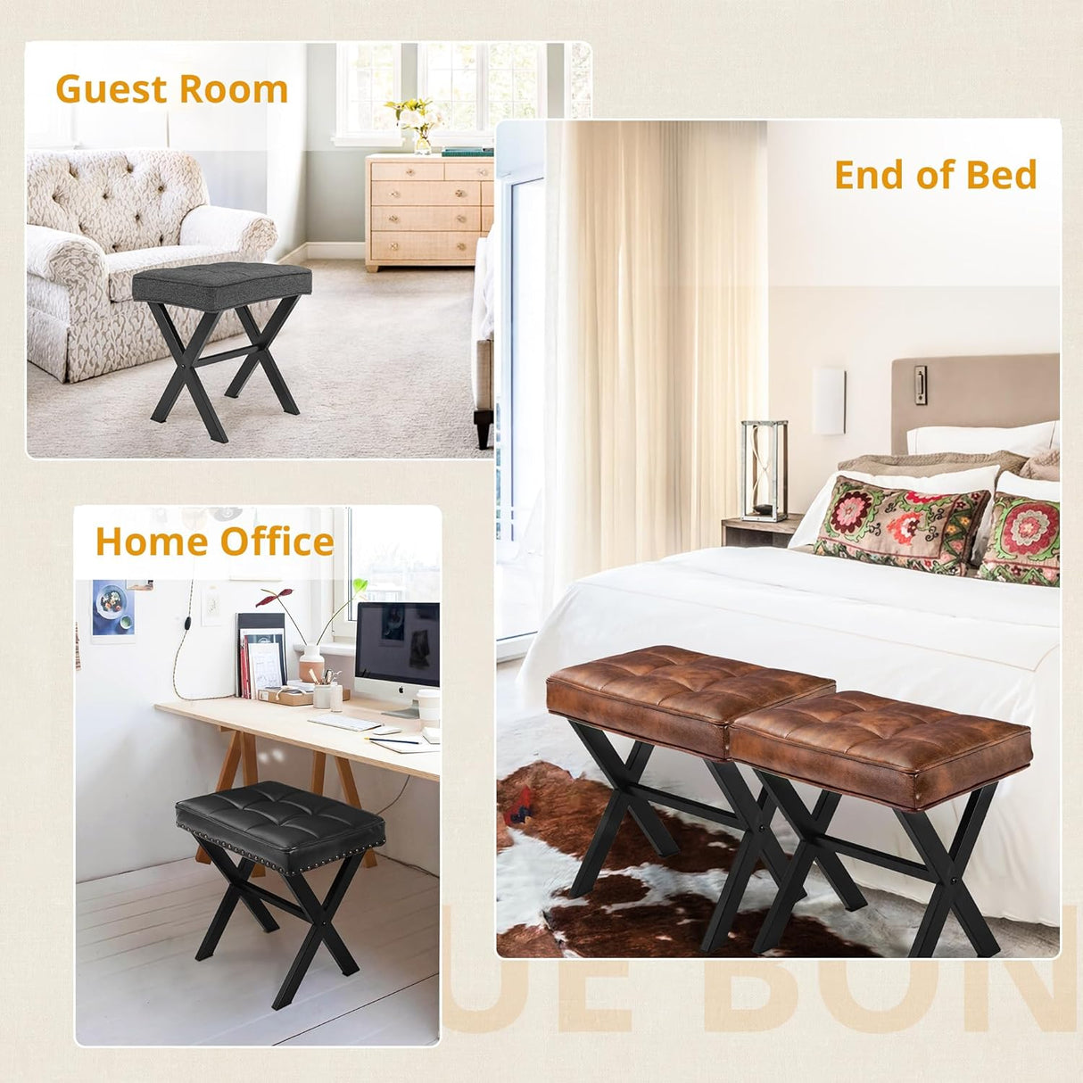 Taburete de Maquillaje Cuadrado de Cuero Sintético con Patas X