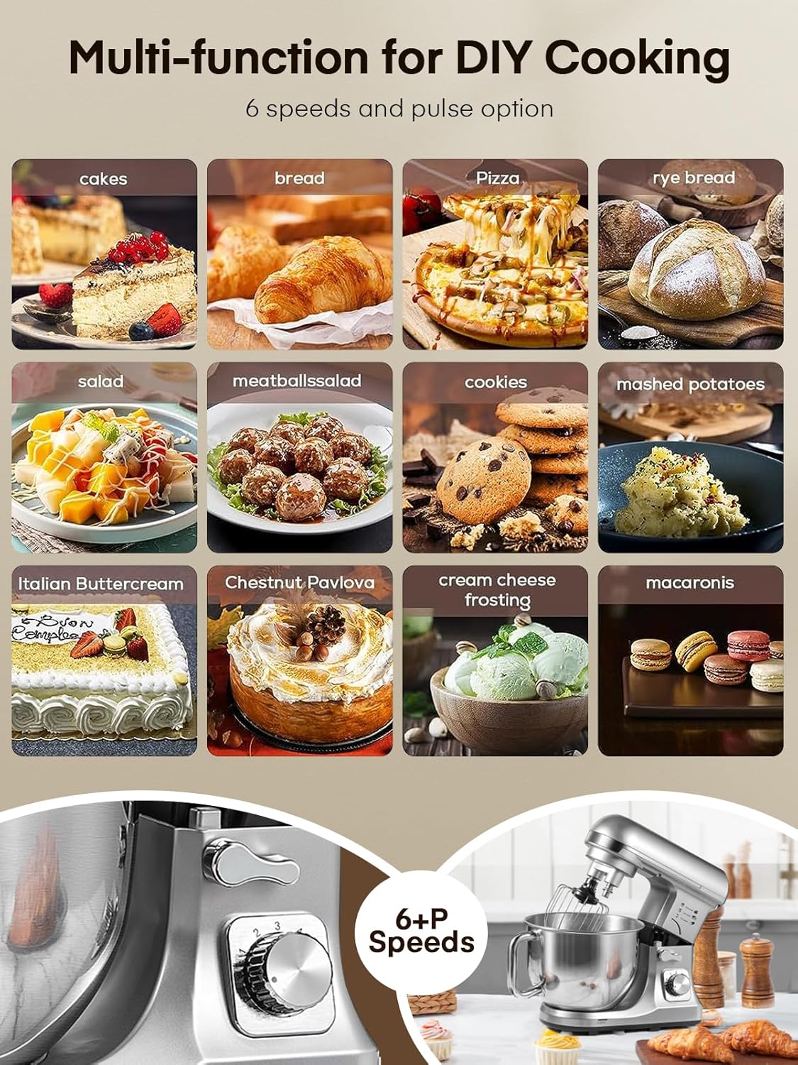 Batidora de Pie Fohere, 6+ P Velocidades, Acero Inoxidable