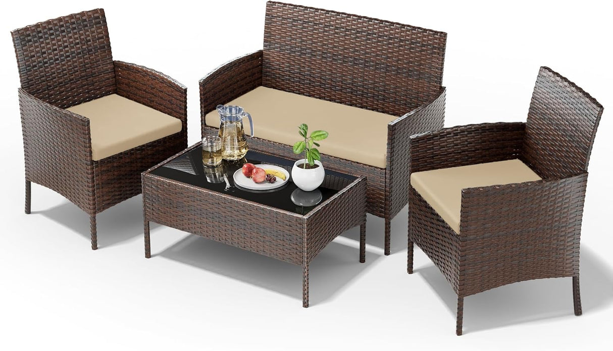 UDPATIO Muebles de patio, 4 piezas, sillas de mimbre para exteriores, juego de conversación de balcón, muebles de porche, sofá biplaza seccional con cojines y mesa para patio, piscina, jardín