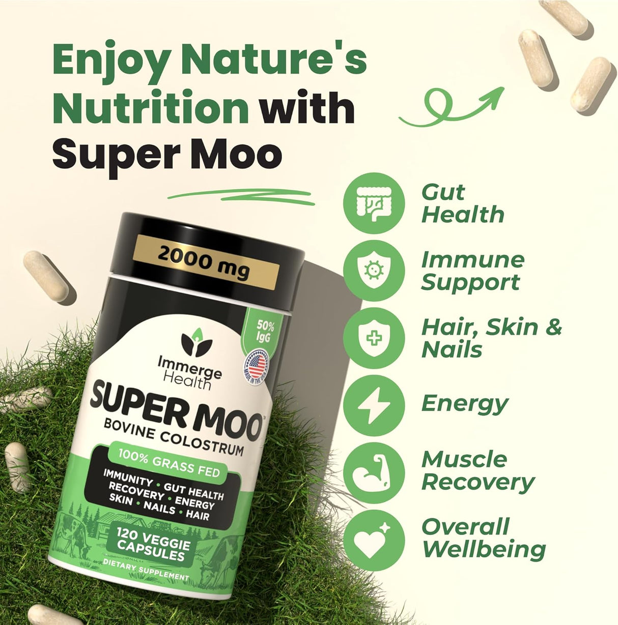 Colostro Bovino Super Moo - Salud Digestiva y Energía - 120 Cápsulas