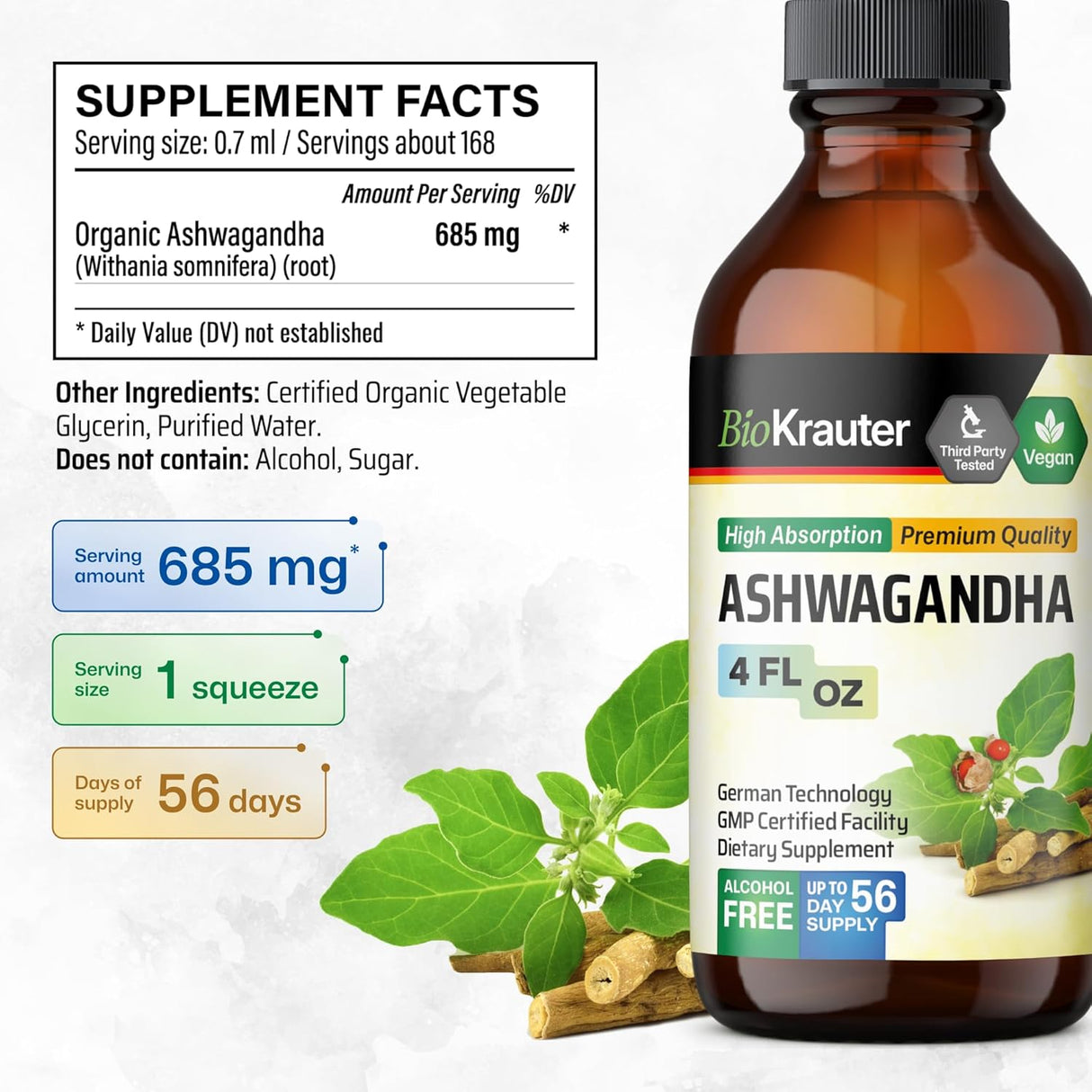 Gotas de Ashwagandha - Suplemento Calmante - 4 Fl.Oz.