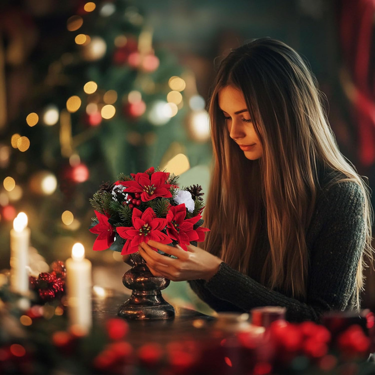 Centro de Mesa de Flores Artificiales BLOSMON 6 Pcs Poinsettias