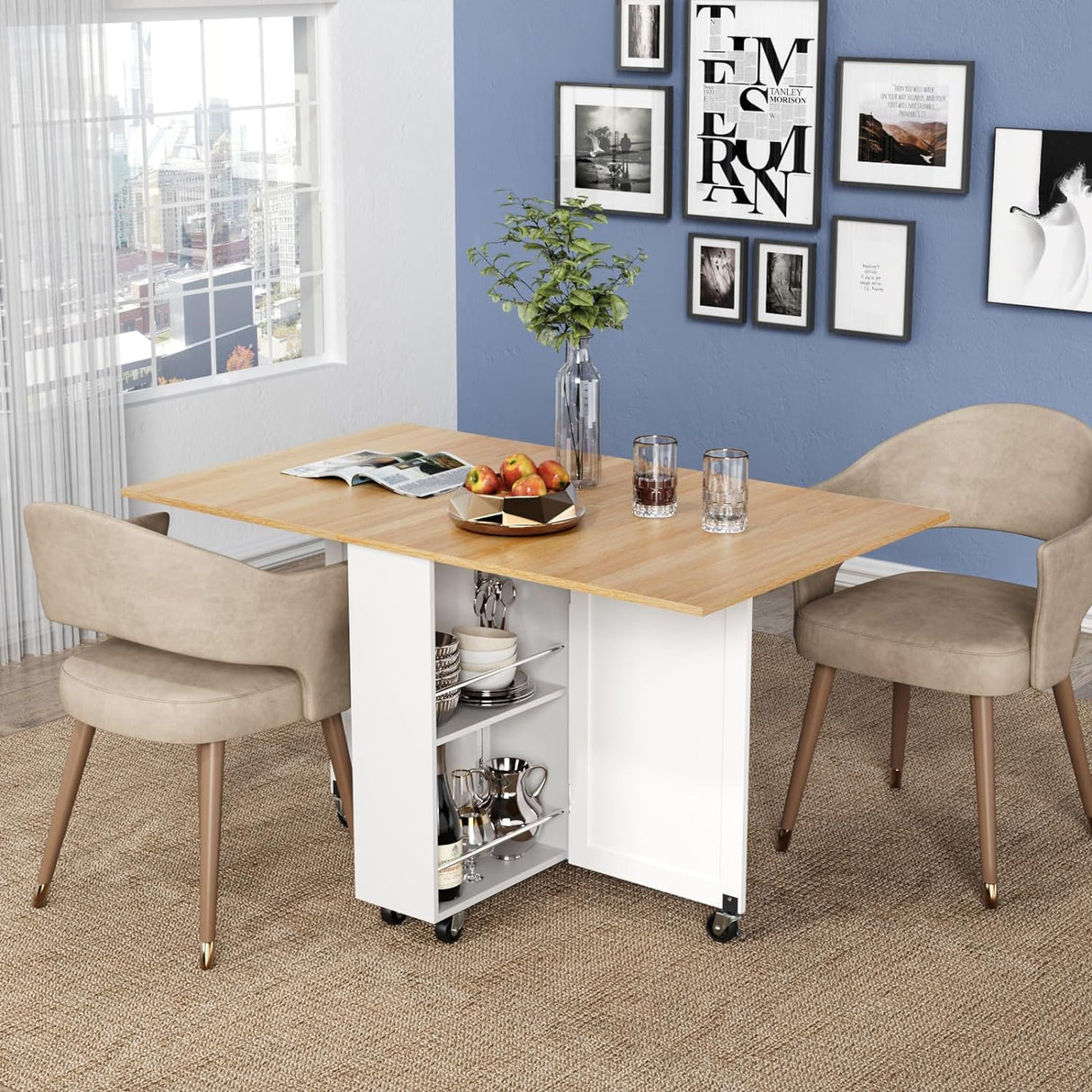 Mesa de Comedor Plegable, con Cajón y Ruedas, Modelo 2023