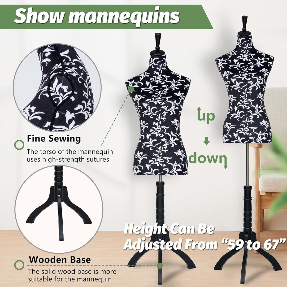 Maniquí femenino ajustable HDBH 59-67 para costura y exhibición