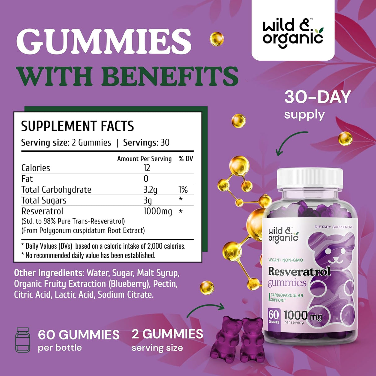Suplemento Wild & Organic Gomitas de resveratrol 1000 mg 60