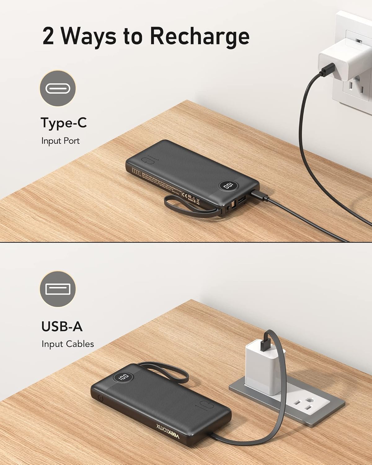 Cargador portátil con cables integrados de 10000 mAh