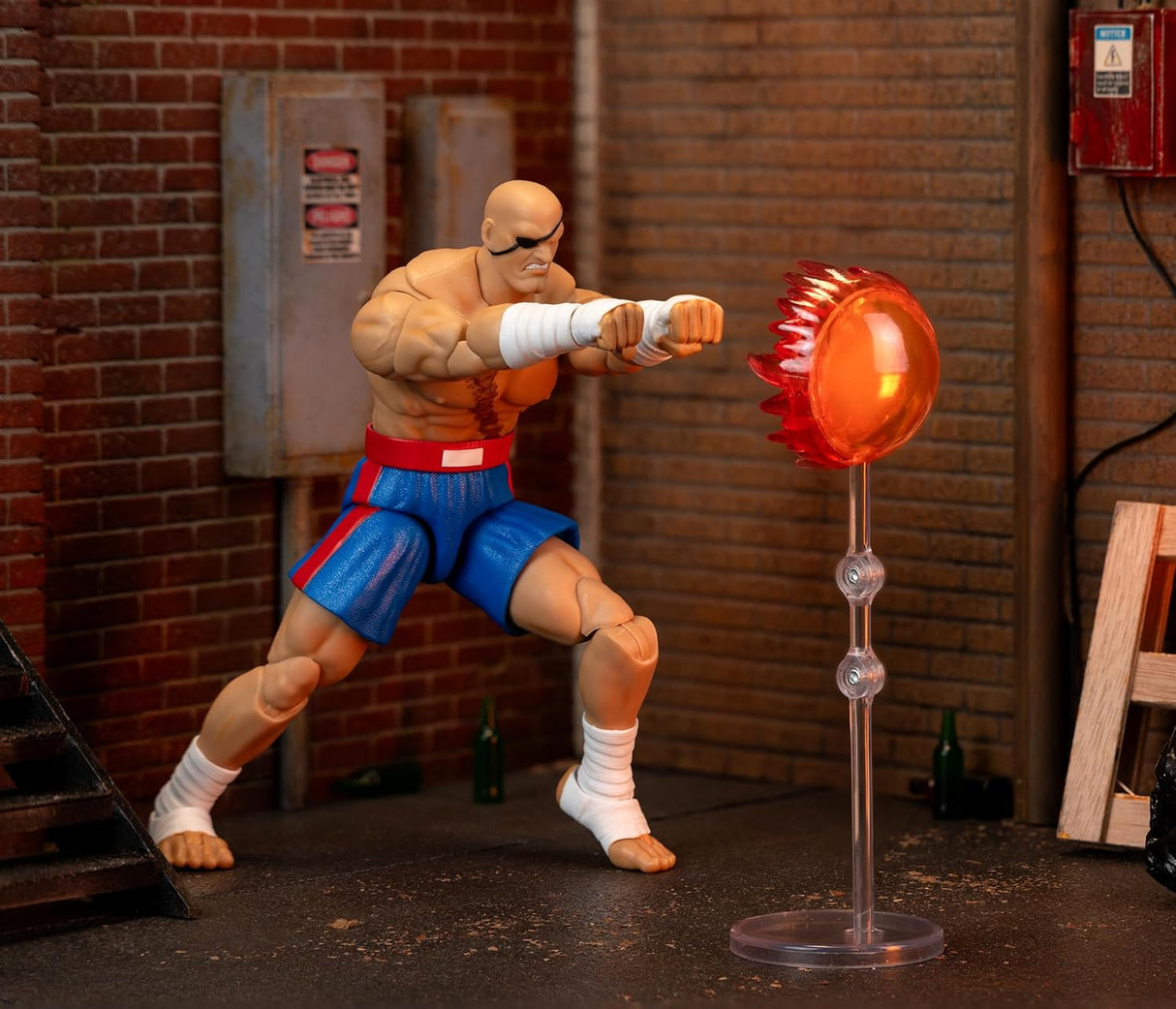 Figura de acción Sagat Street Fighter II Jada, articulada, accesorios y soporte, 7.6