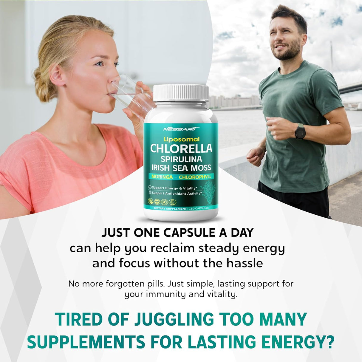 Suplemento de Chlorella, Spirulina, Musgo de Irlanda, Moringa y Clorofila, 180 cápsulas