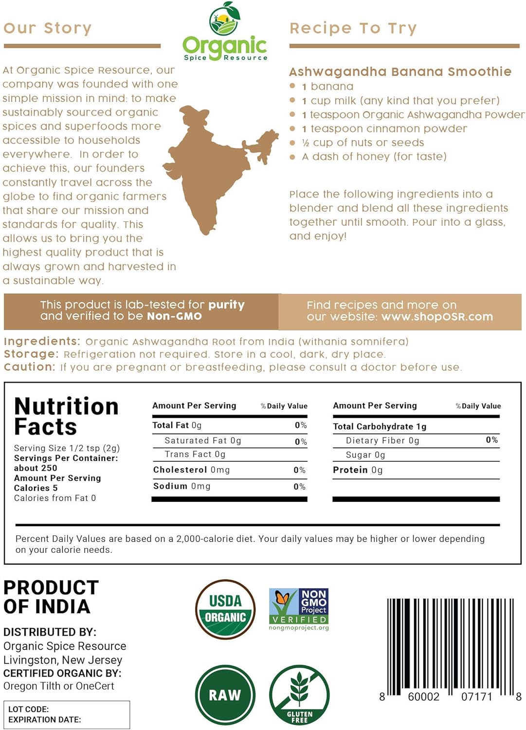 Polvo de Raíz de Ashwagandha Orgánico - SHOPOSR, 100% Crudo