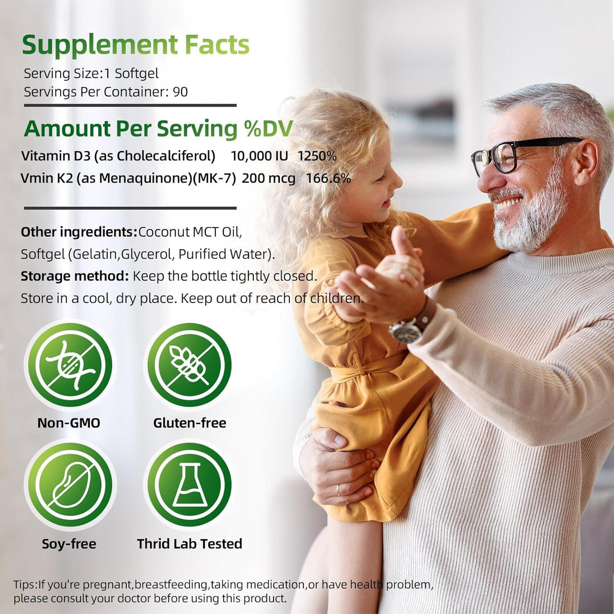Suplemento Vitamina D3 K2 10000 IU + K2 200 mcg 90 cápsulas