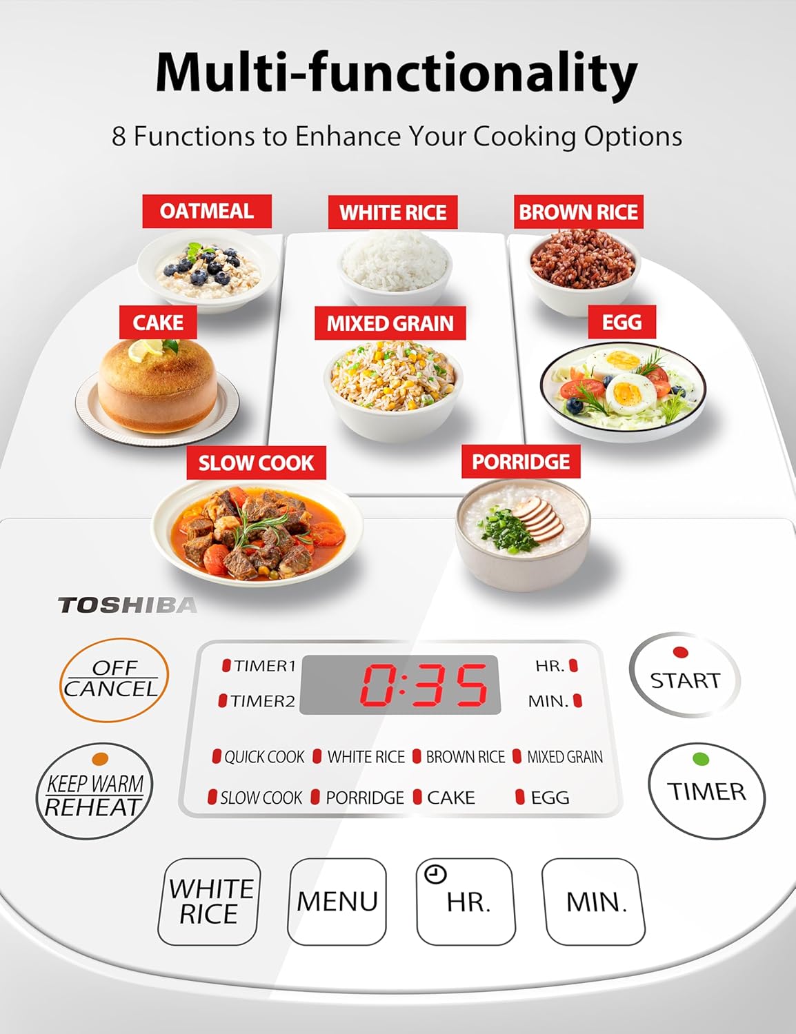 Olla arrocera Toshiba 3 tazas, cocción fácil y temporizador