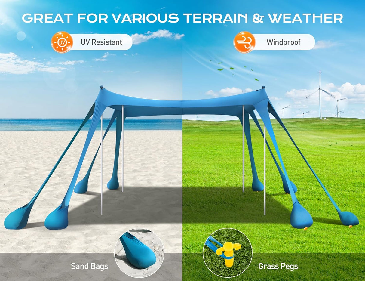 Tienda de playa UPF50+ con protección UV y estabilidad adicional