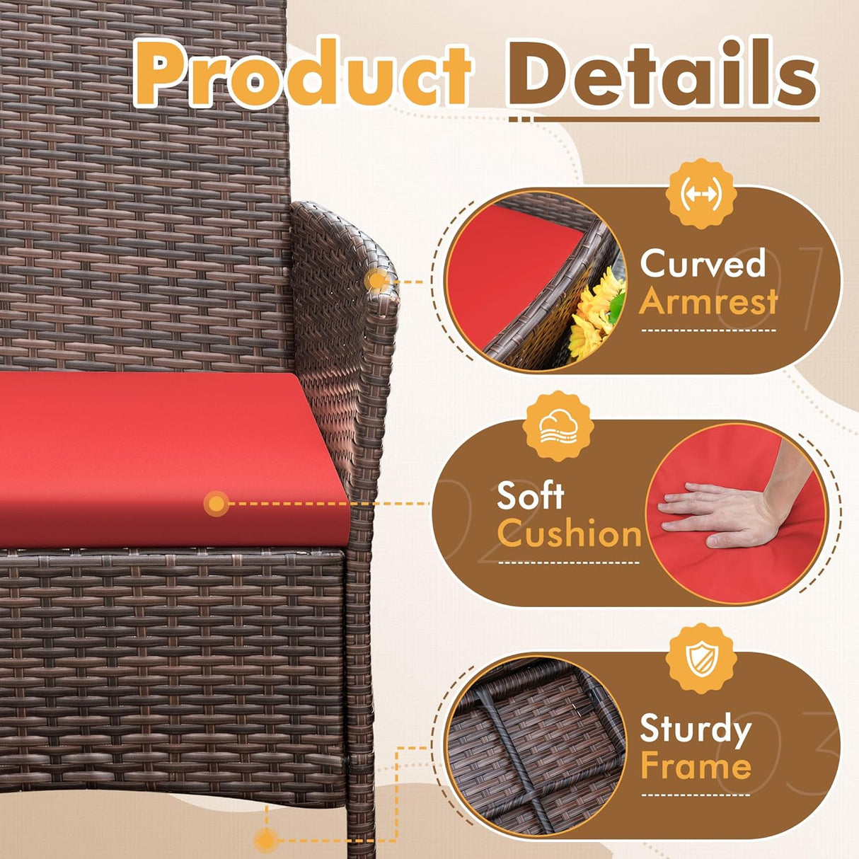 Flamaker Juego de muebles de patio de 3 piezas de ratán para todo tipo de clima, sillas de patio con mesa de vidrio templado para porche, bistró y balcón (marrón/rojo)