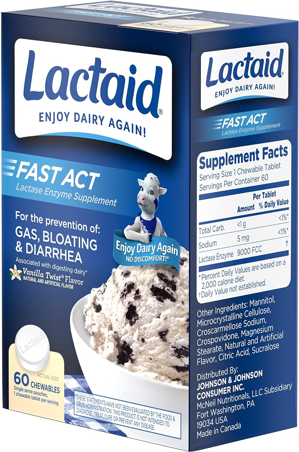 Suplemento Lactaid Fast Act masticable, vainilla