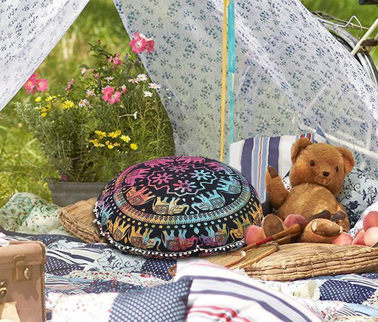 Funda bohemia para cojín, de 32 pulgadas, con diseño de mandala, para meditación, decorativa, otomana, grande, para exteriores, decoración del hogar, decoración de arte en el hogar, redonda, con pompones de algodón, cómoda