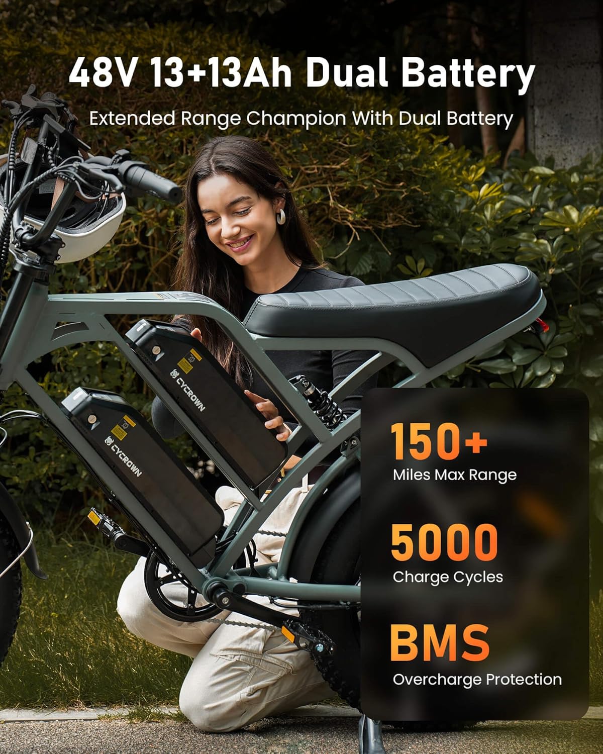 Bicicleta Eléctrica CycHunter 1000W, Doble Batería, 150 Millas