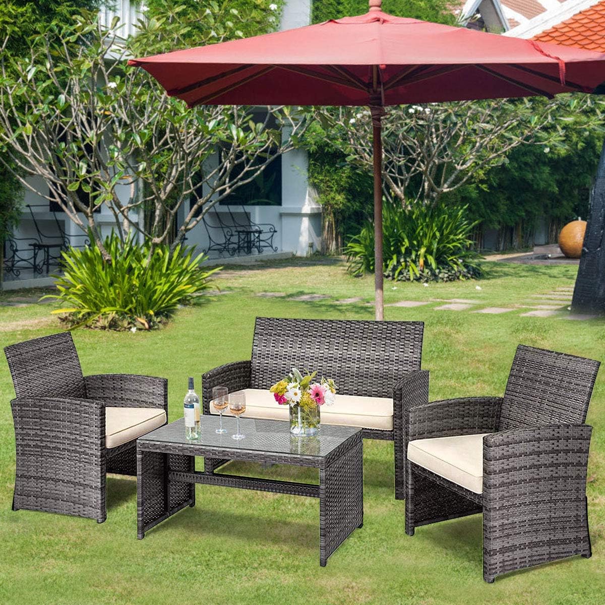 Goplus Juego de muebles de ratán para patio, 4 piezas, sofá y mesa de mimbre para exteriores con cojines suaves y mesa de centro de vidrio templado para balcón, jardín, patio trasero (beige (mimbre de color mixto))