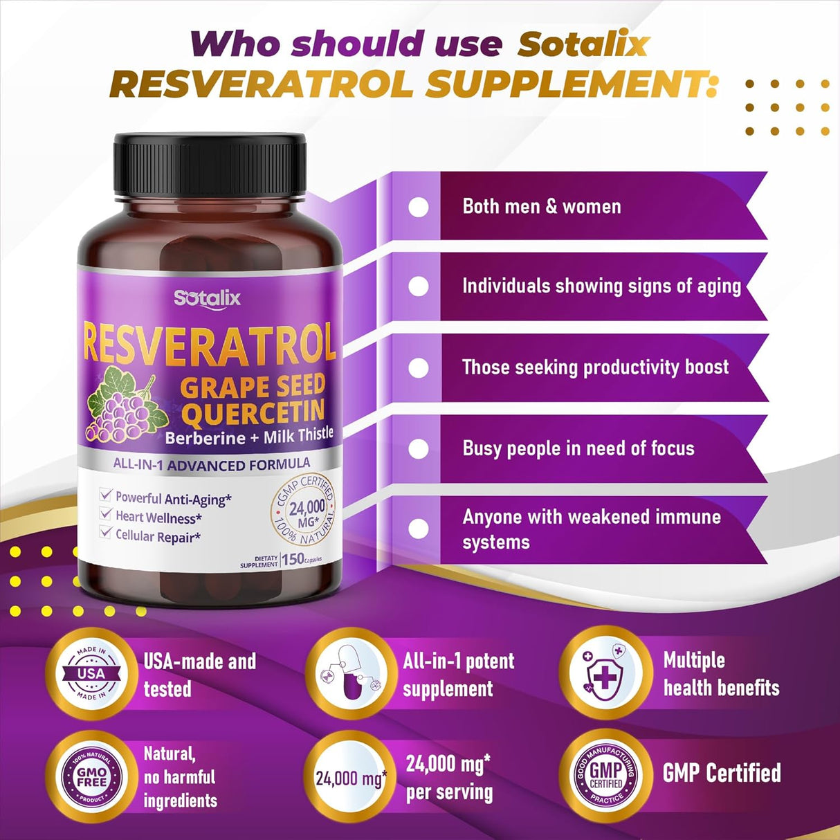 Suplementos Resveratrol 24,000 mg con semilla de uva