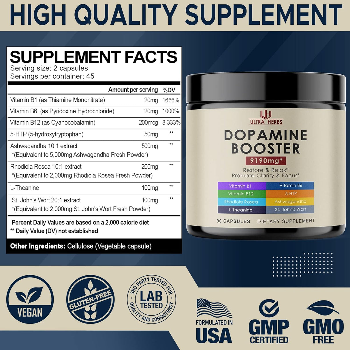 Suplemento de enfoque de dopamina Ashwagandha 5000mg 5-HTP
