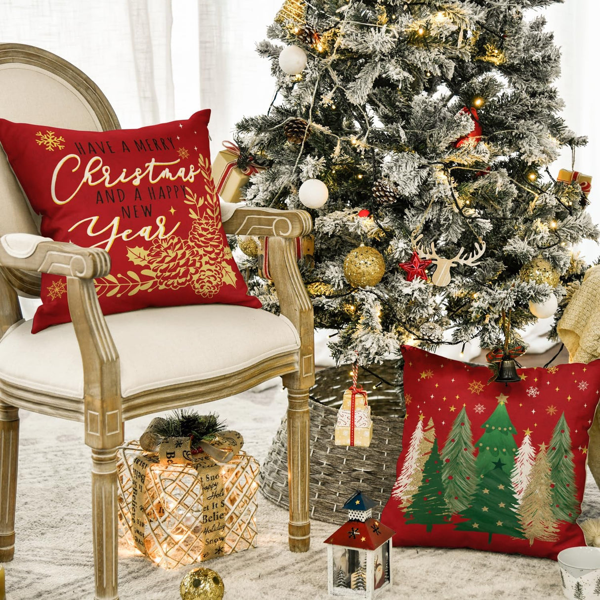Fundas de cojín navideñas 18x18, diseño de árboles y copos