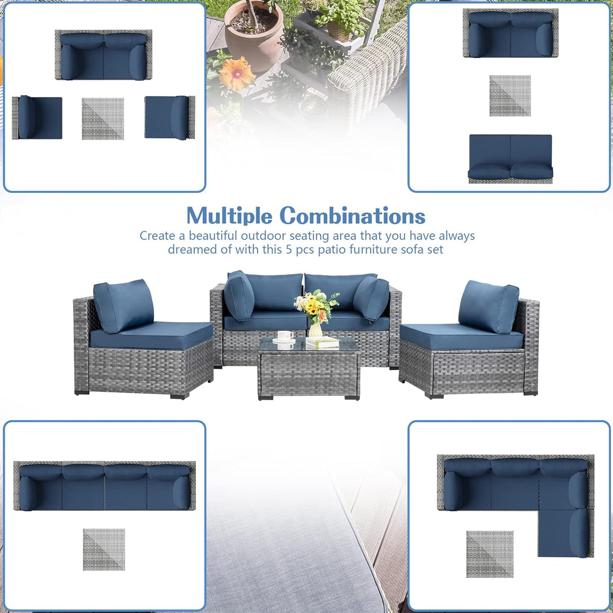 Shintenchi Sofá modular de 5 piezas para patio al aire libre, juegos de muebles de mimbre de polietileno gris plateado con cojines lavables y mesa auxiliar de cristal para jardín, piscina, patio trasero (azul egeo)