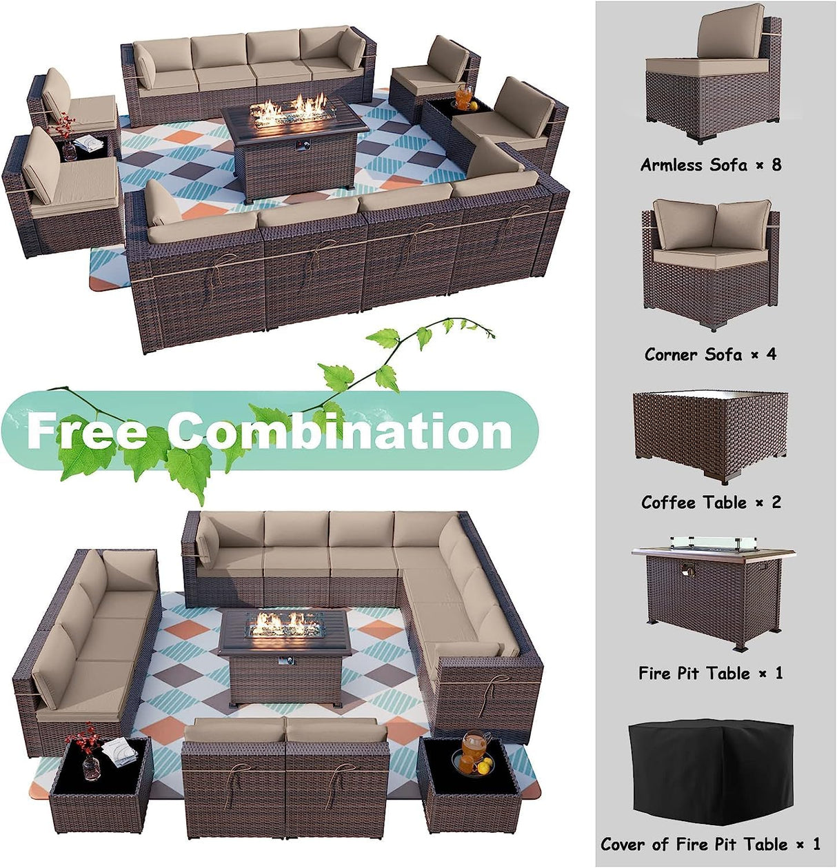 ALAULM Juego de 15 muebles de patio para exteriores con mesa para fogata de propano, sofás seccionales para exteriores, muebles de patio, fogata de gas de 43 pulgadas, juego de conversación de ratán de polietileno marrón con 12 cojines, arena