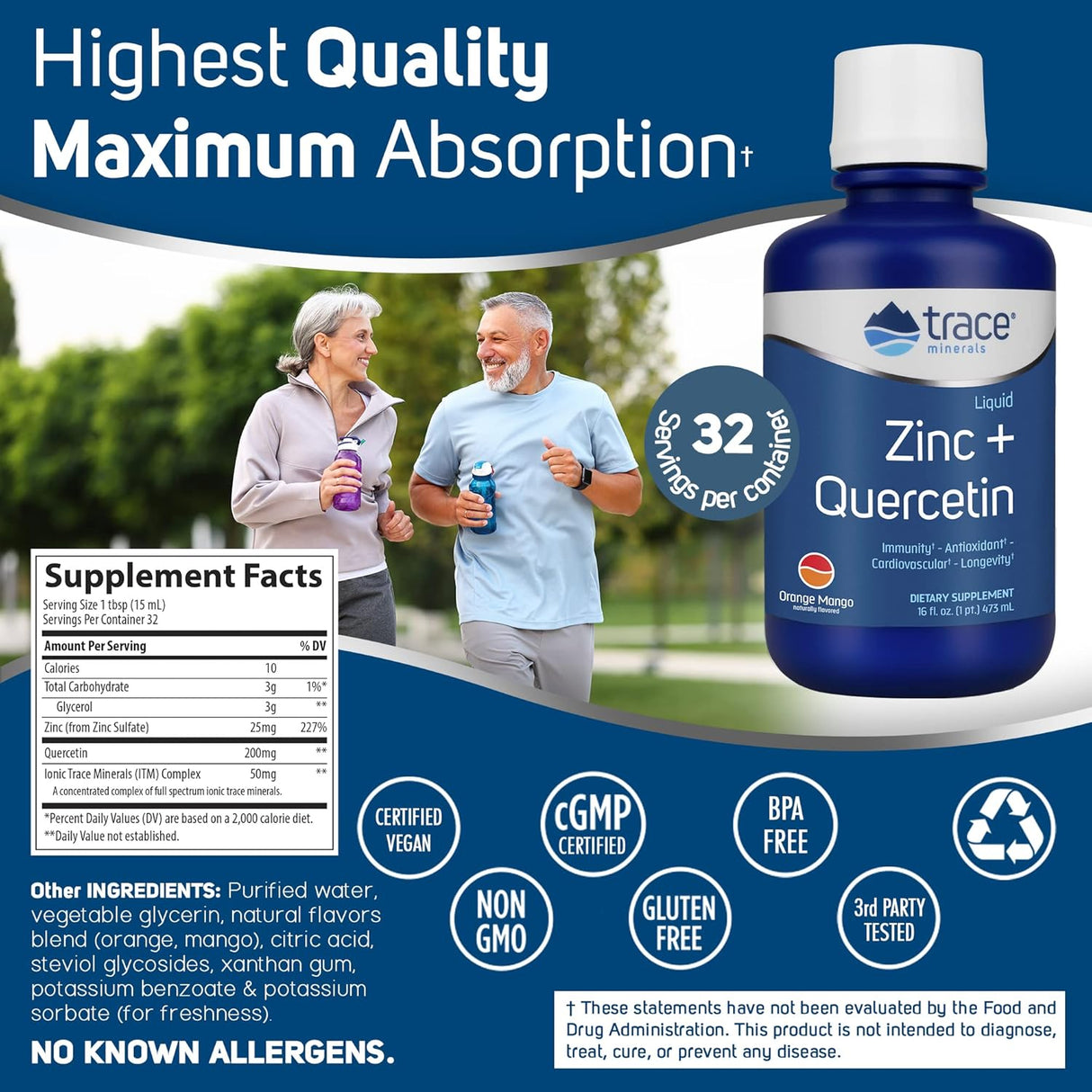 Suplementos Zinc líquido + quercetina 25 mg función inmune