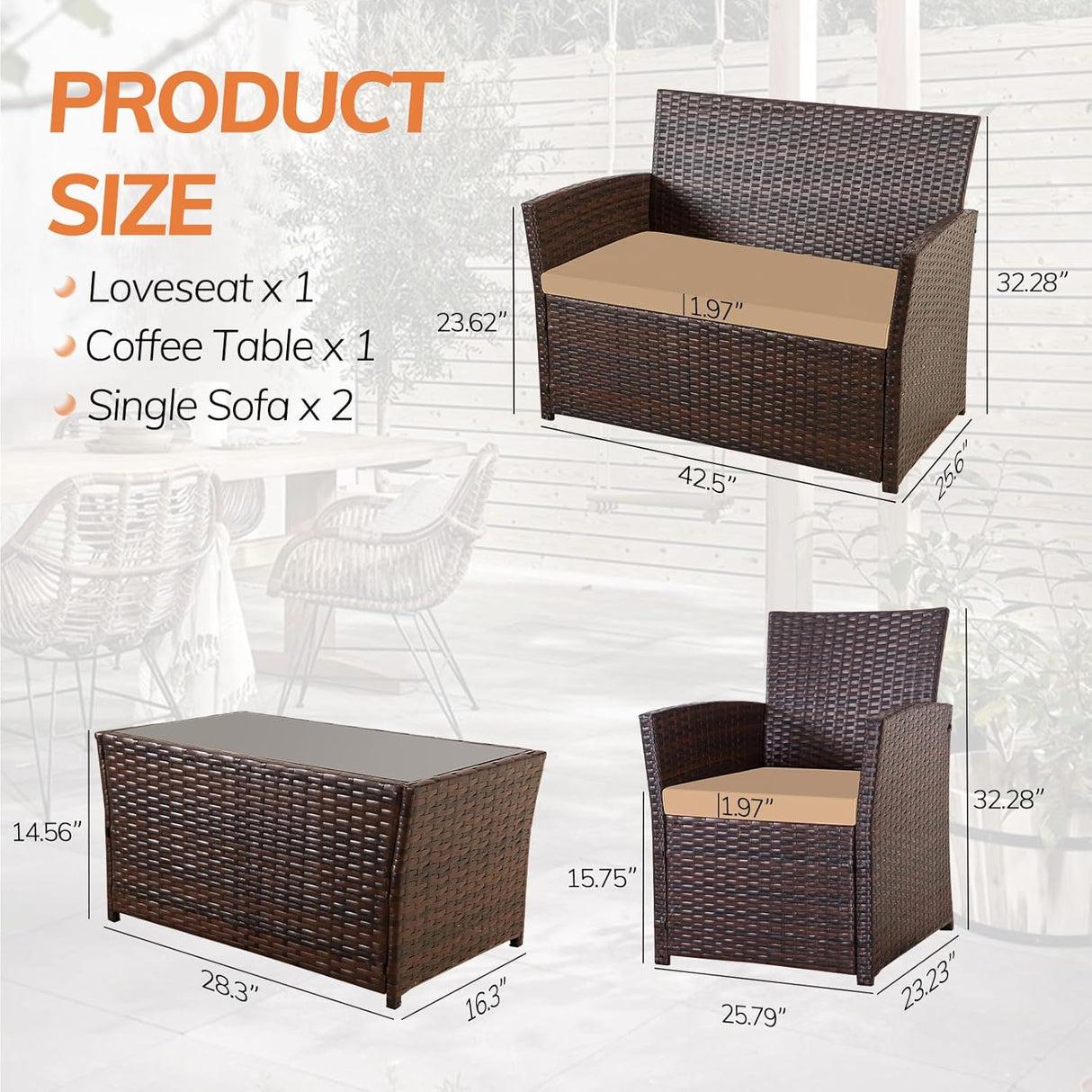 Seogwisam Juego de muebles de patio de 4 piezas, juegos de conversación de mimbre para exteriores, sofá seccional de ratán con mesa de café, cojines de asiento para patio trasero, porche, jardín,