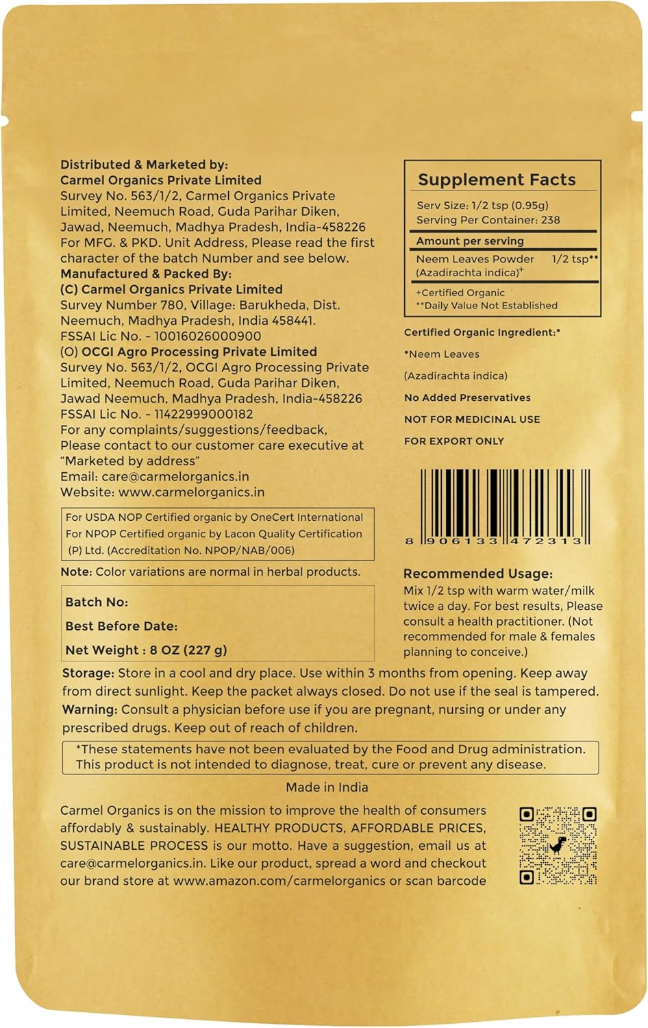 Suplemento Polvo de hojas de neem Azadirachta Indica Powder