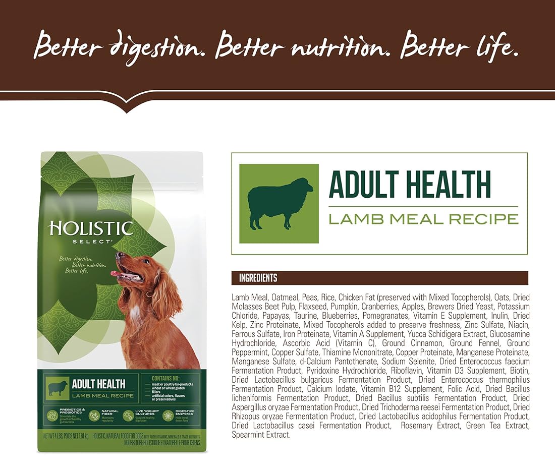 Alimento seco natural para perros, receta de harina de cordero.