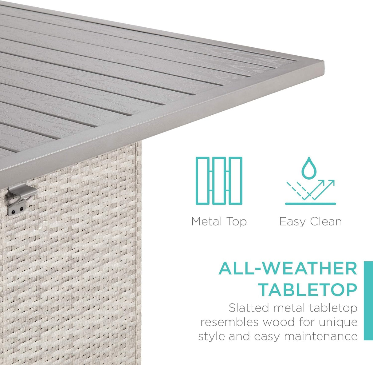 Best Choice Products Juego de mesa de mimbre de 5 piezas para patio, piscina, patio trasero con abridor de botellas integrado, estante de almacenamiento oculto, mesa de metal, 4 taburetes, color gris