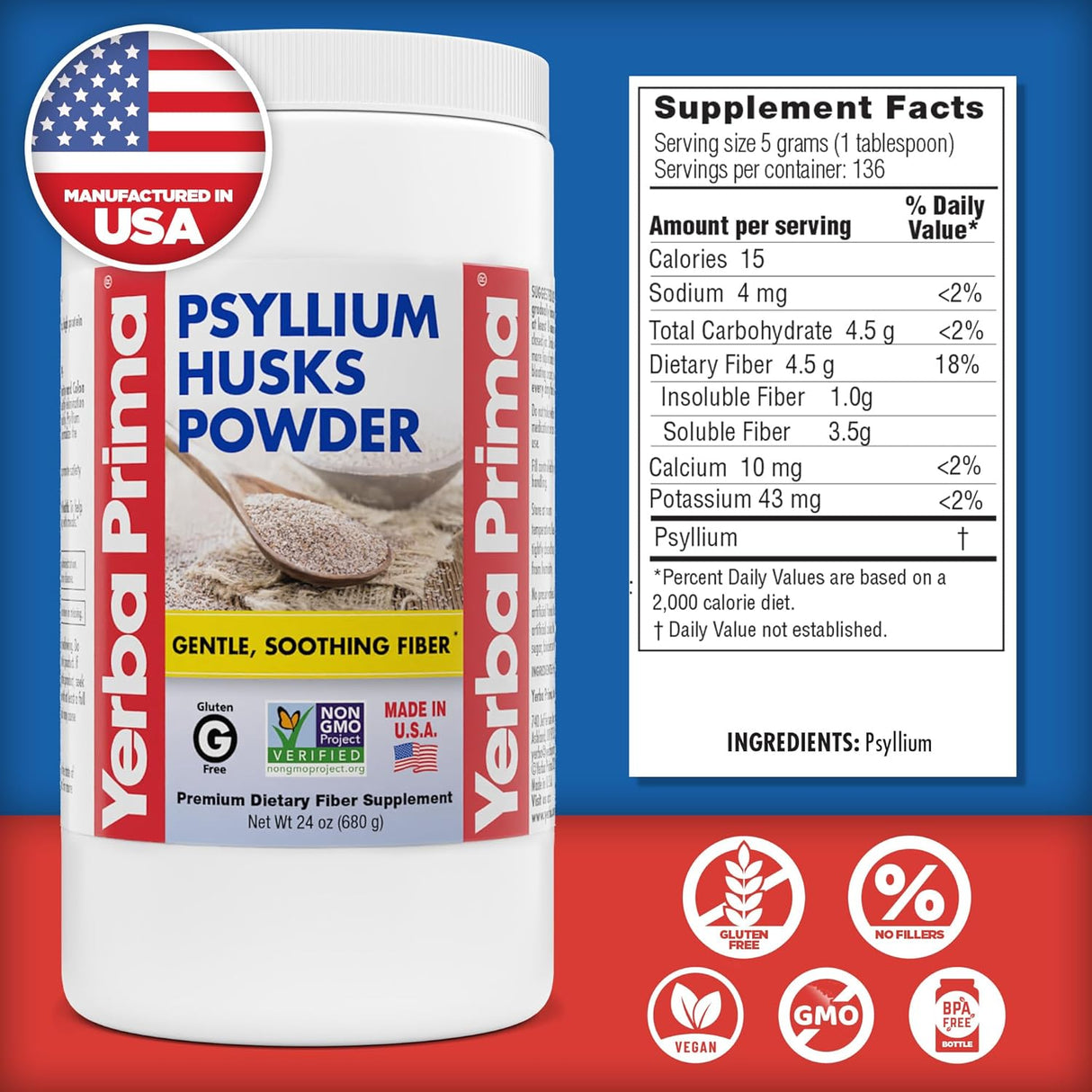 Psyllium Husk Powder Yerba Prima - Fibra Natural 24 oz