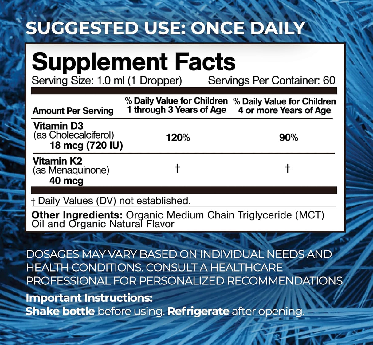Vitamin D3 K2 Líquido USDA Orgánico | Suplemento para Niños | 2 Fl Oz