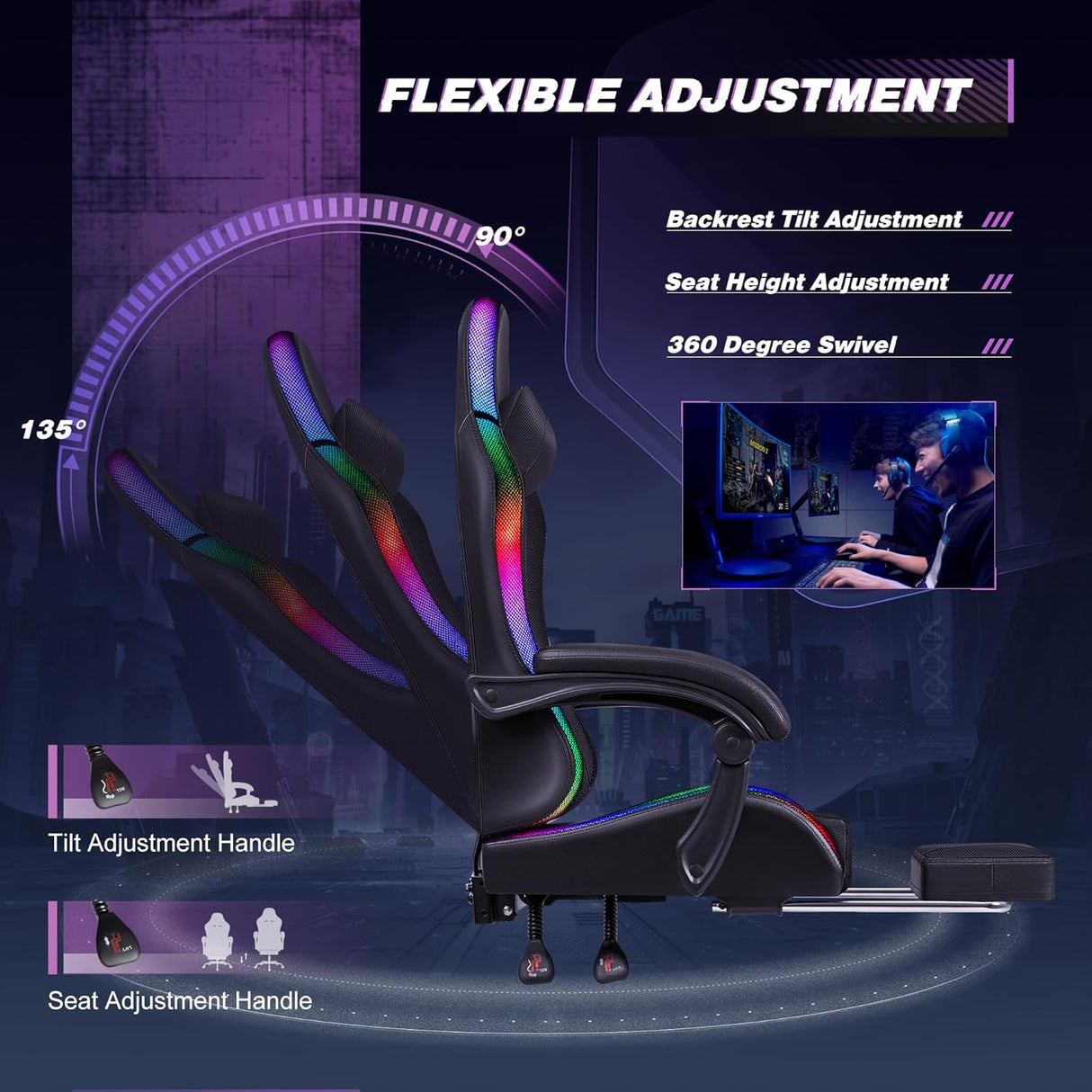 Silla de juegos ergonómica con reposapiés y soporte lumbar